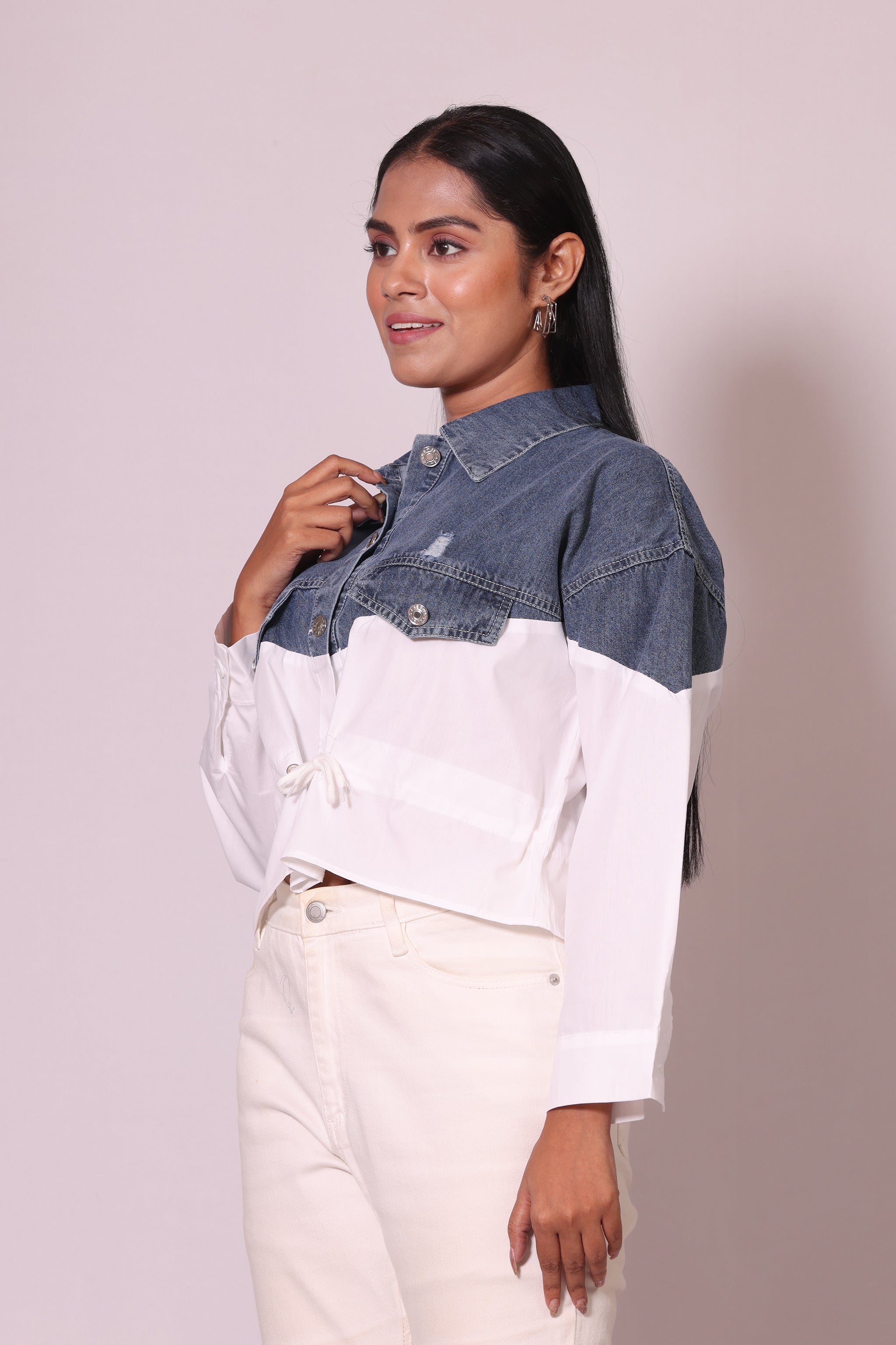Denim Contrast Drawstring Shirt