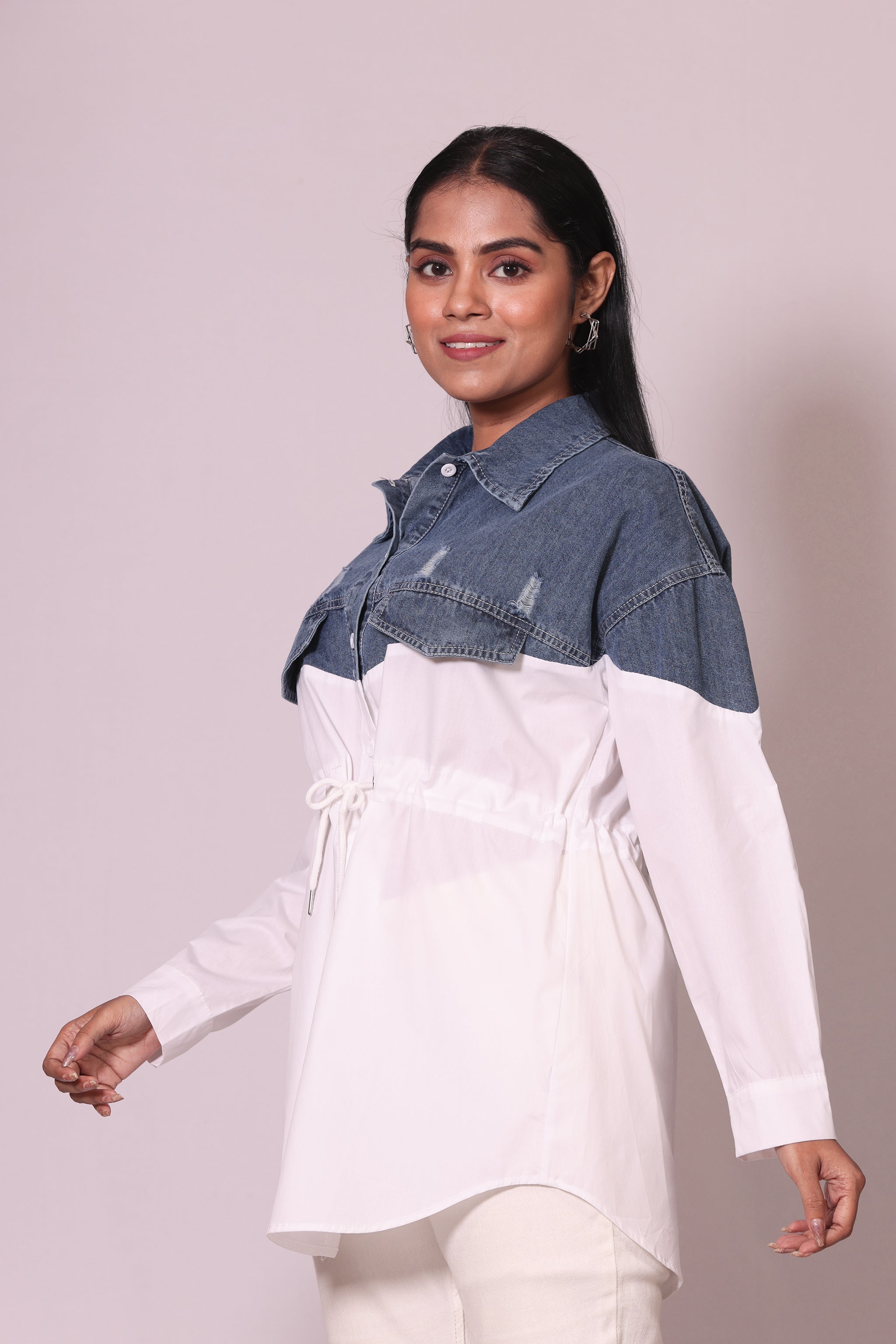 Long Denim Drawstring Shirt