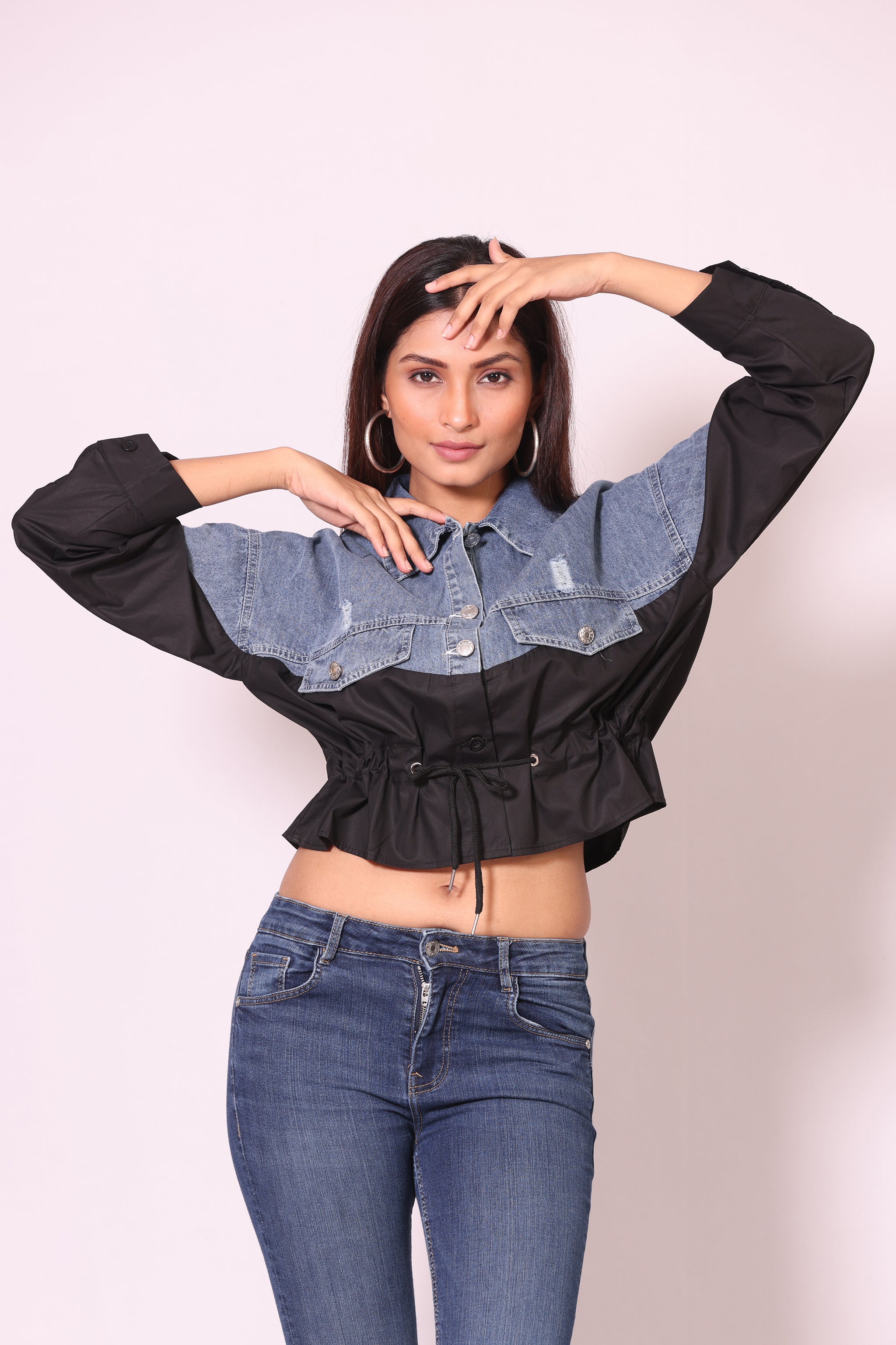 Denim Contrast Drawstring Shirt