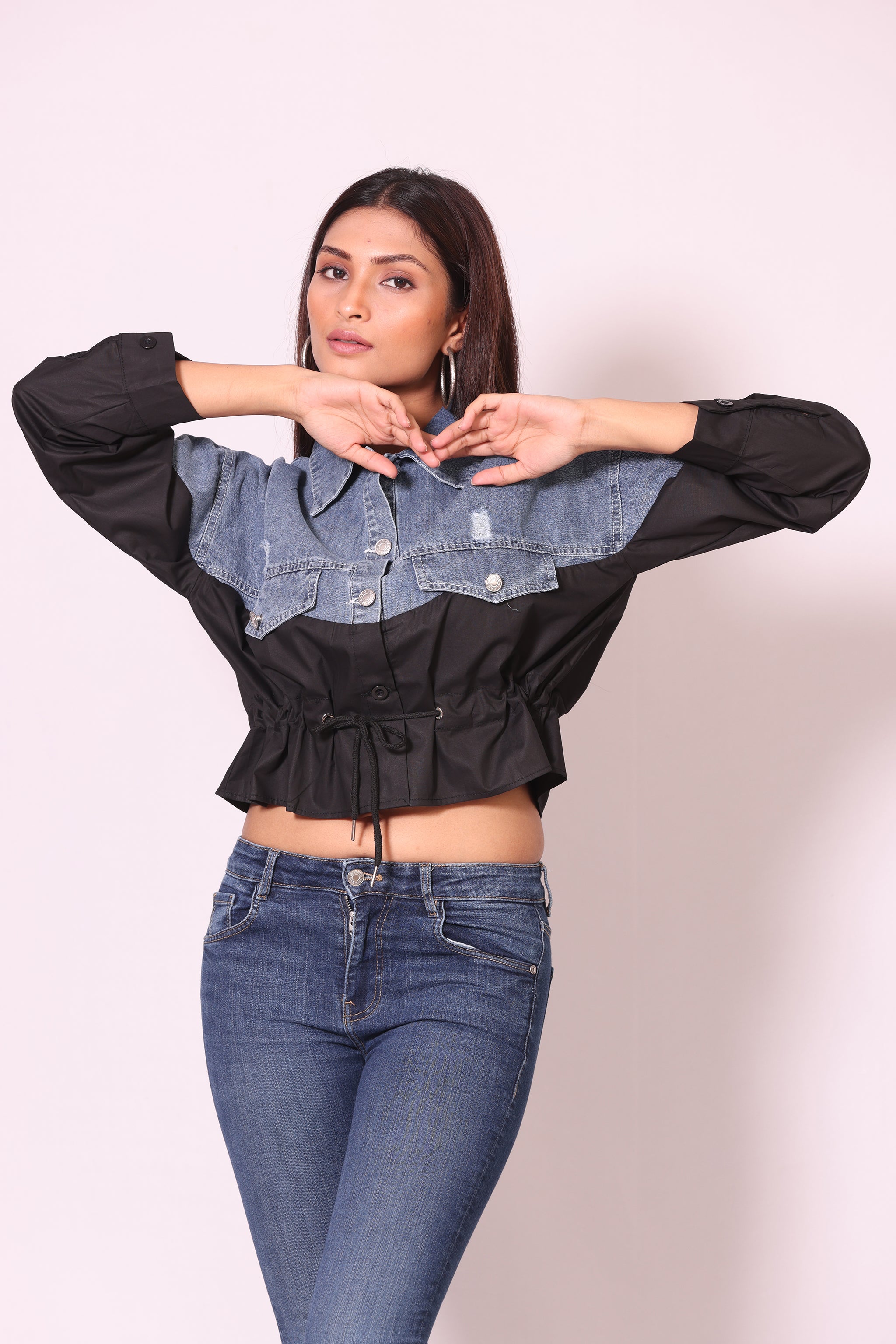 Denim Contrast Drawstring Shirt