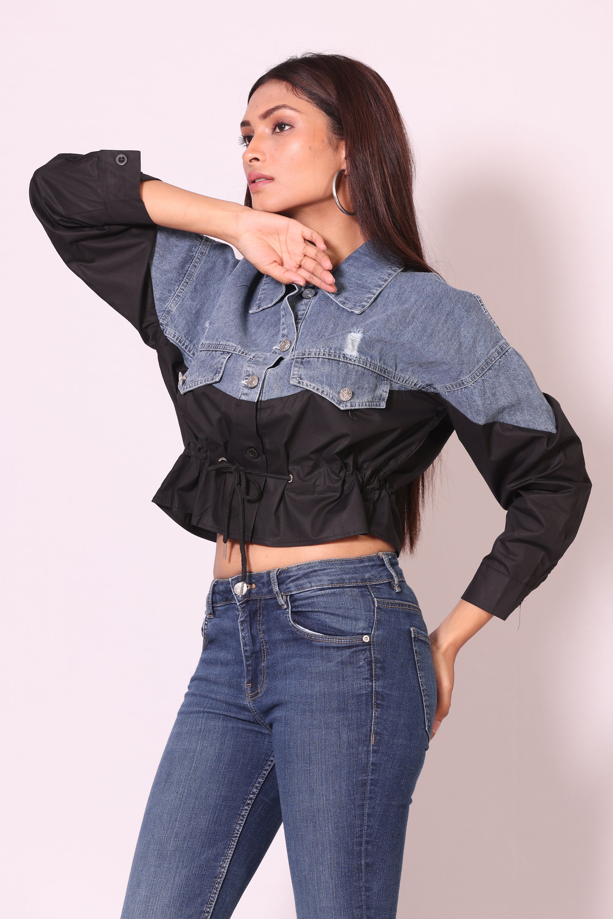 Denim Contrast Drawstring Shirt
