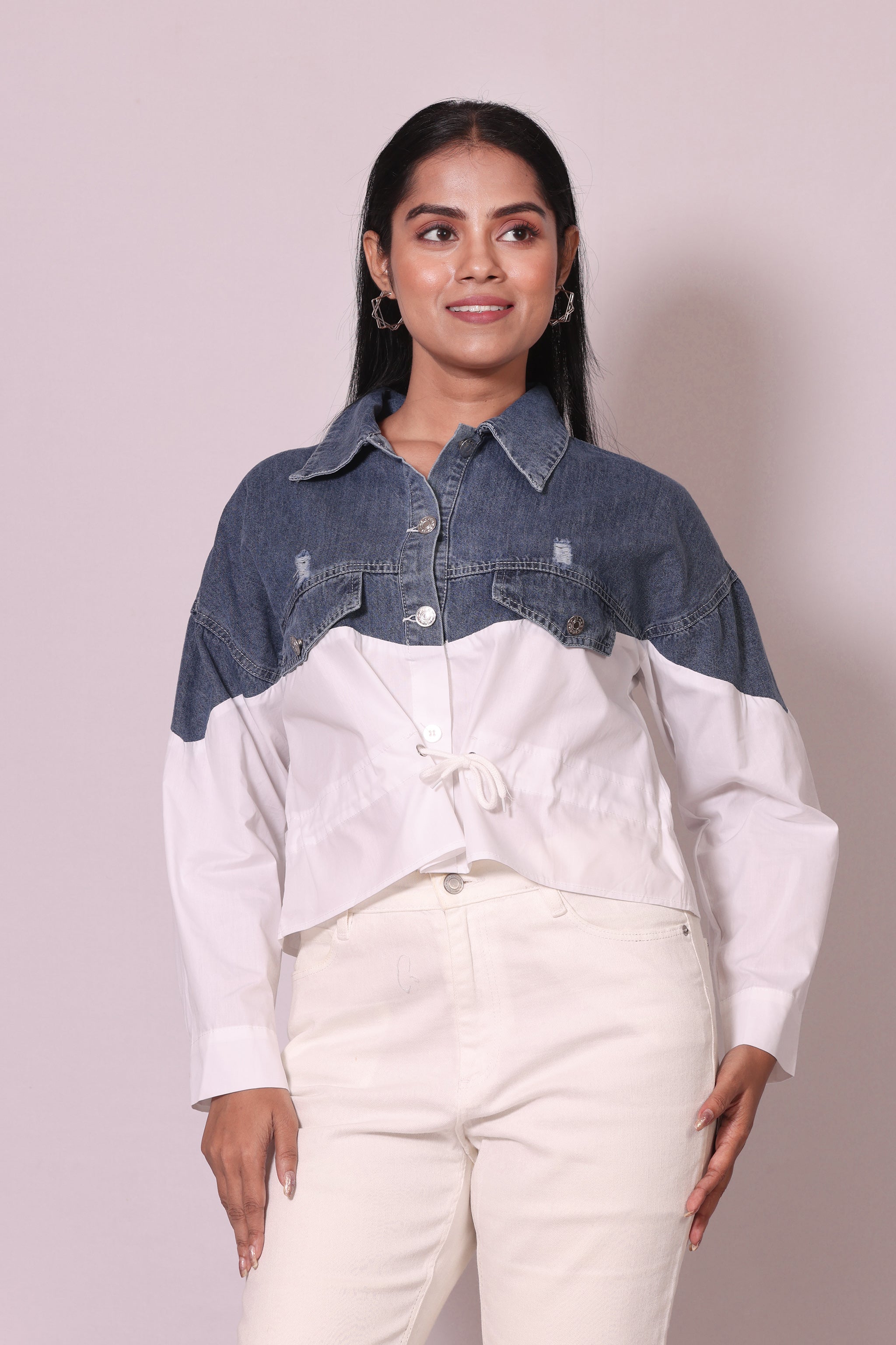 Denim Contrast Drawstring Shirt