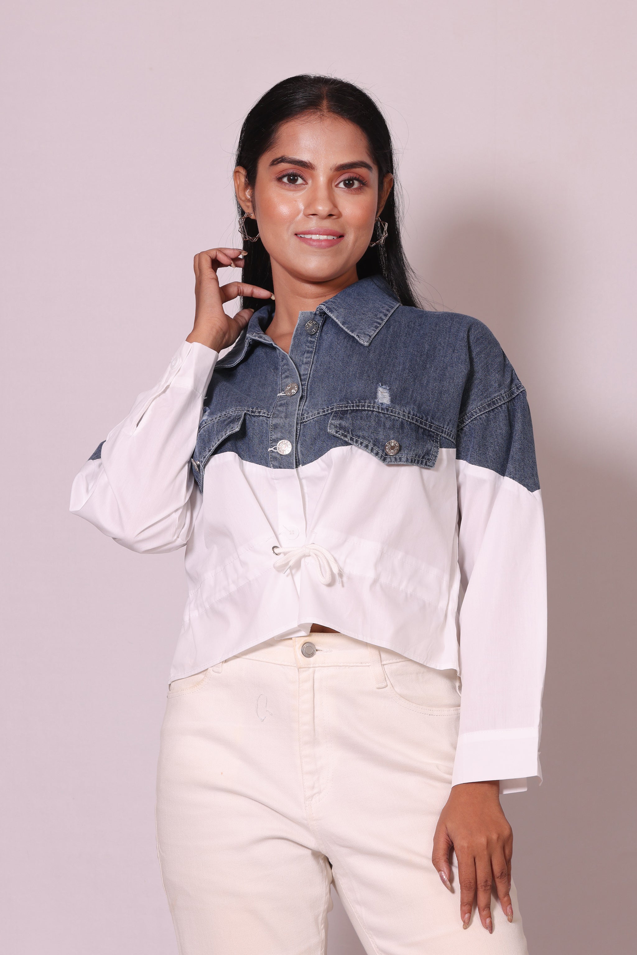 Denim Contrast Drawstring Shirt