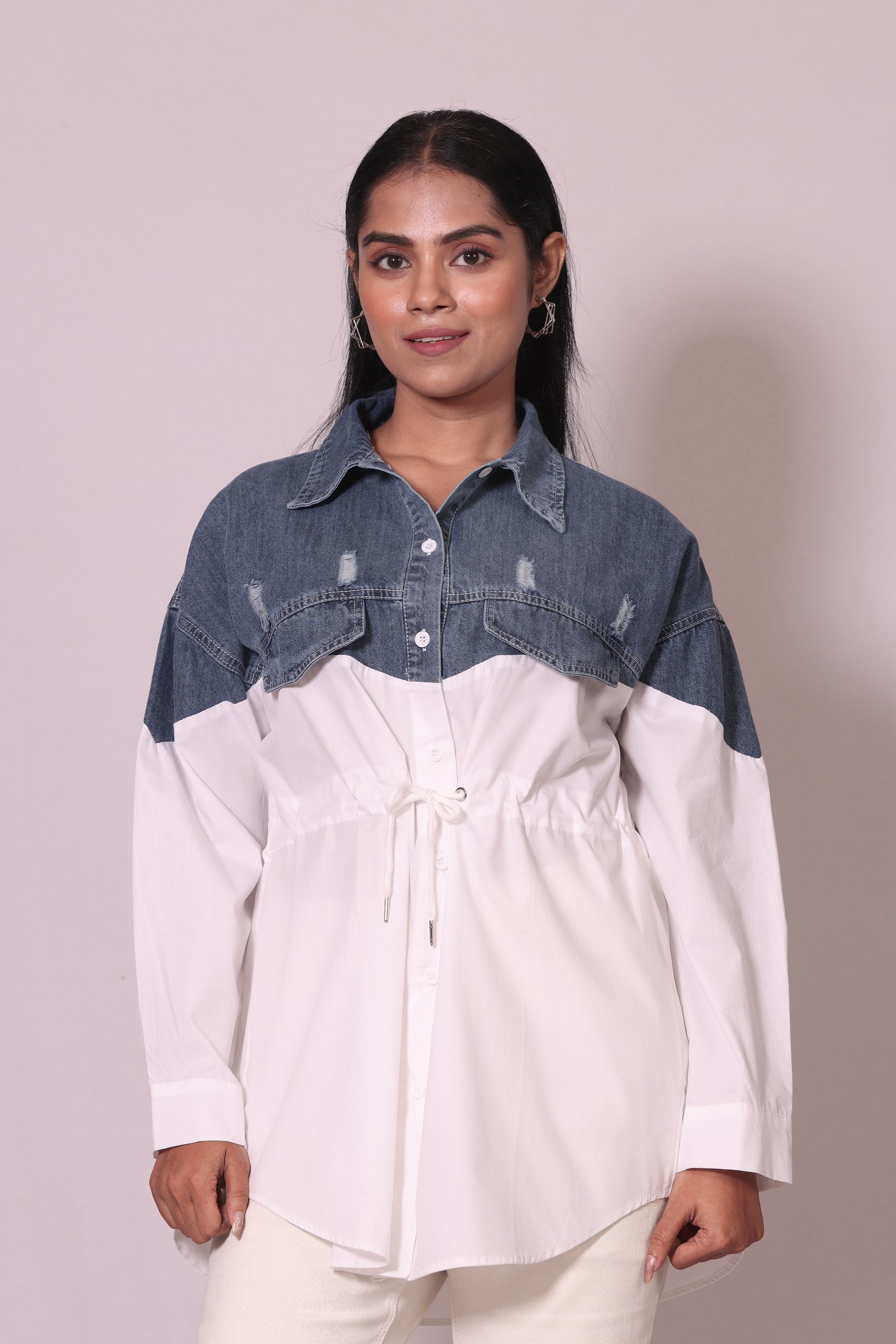Long Denim Drawstring Shirt