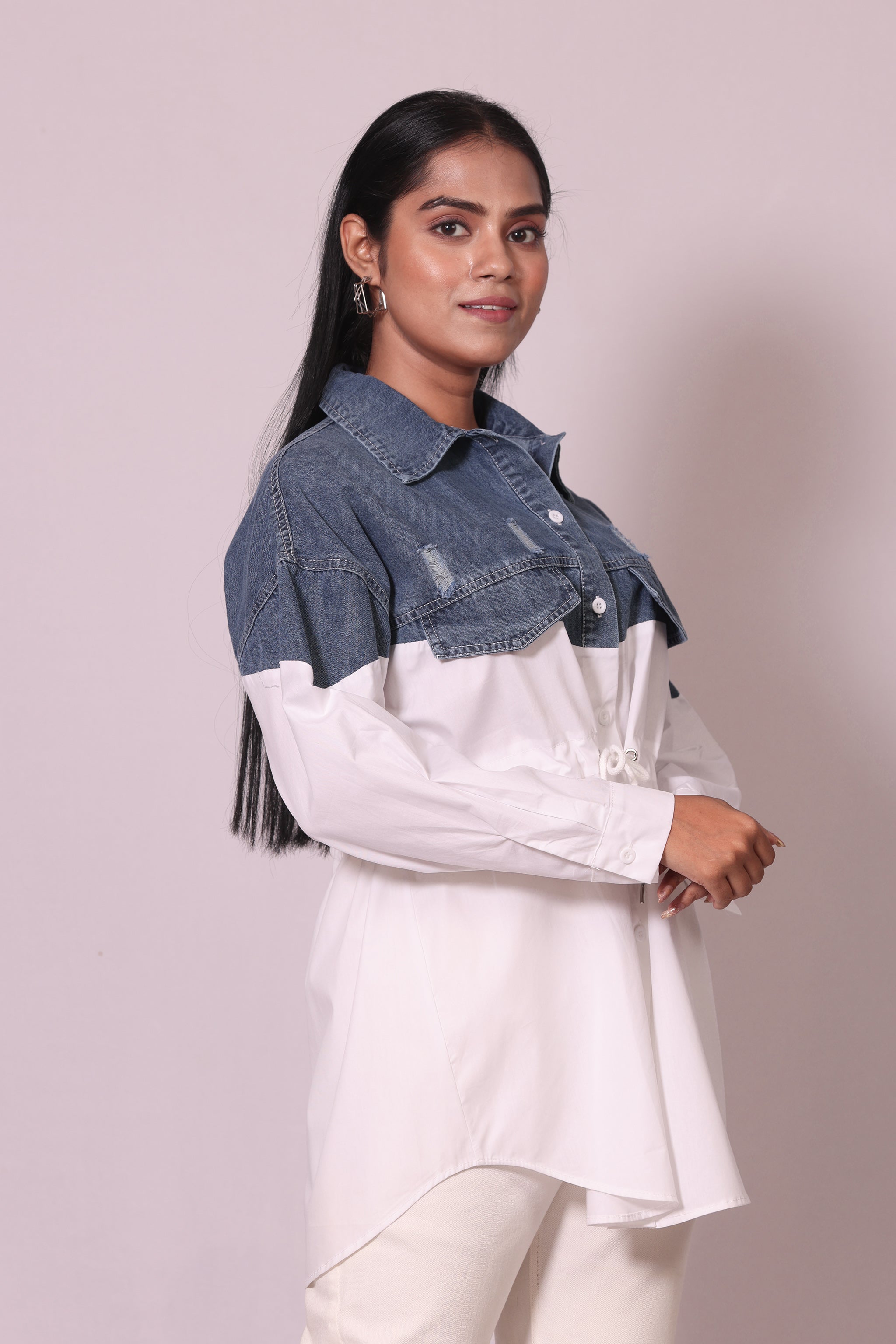 Long Denim Drawstring Shirt